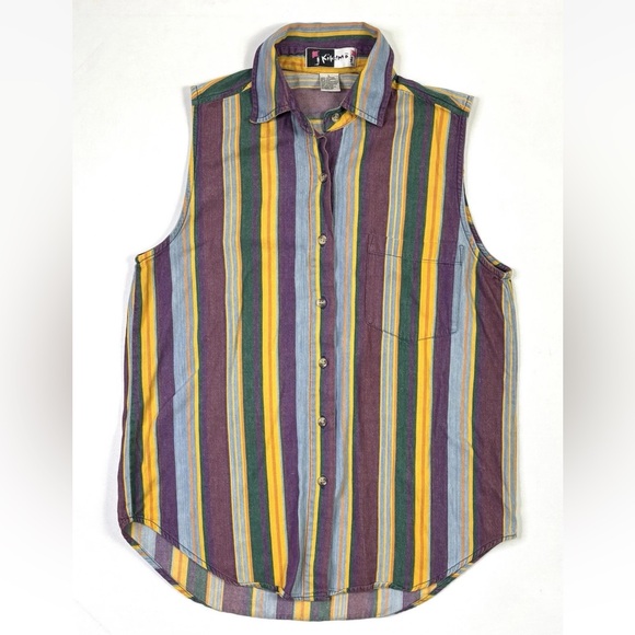 Kikomo Tops - Vintage Kikomo Sleeveless Shirt Women’s Large Button Up Striped Purple Orange